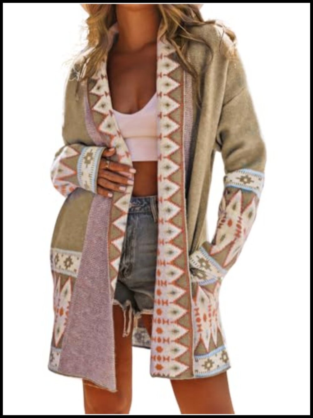 Womens Aztec Print Jacquard Knit Open Front Cardigan Long Sleeve Loose Fit